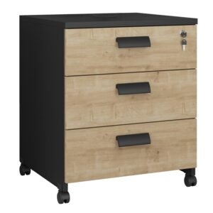 Cajonera WORK WK9, ruedas, 3 cajones, guías metálicas, cerradura, natural y negro